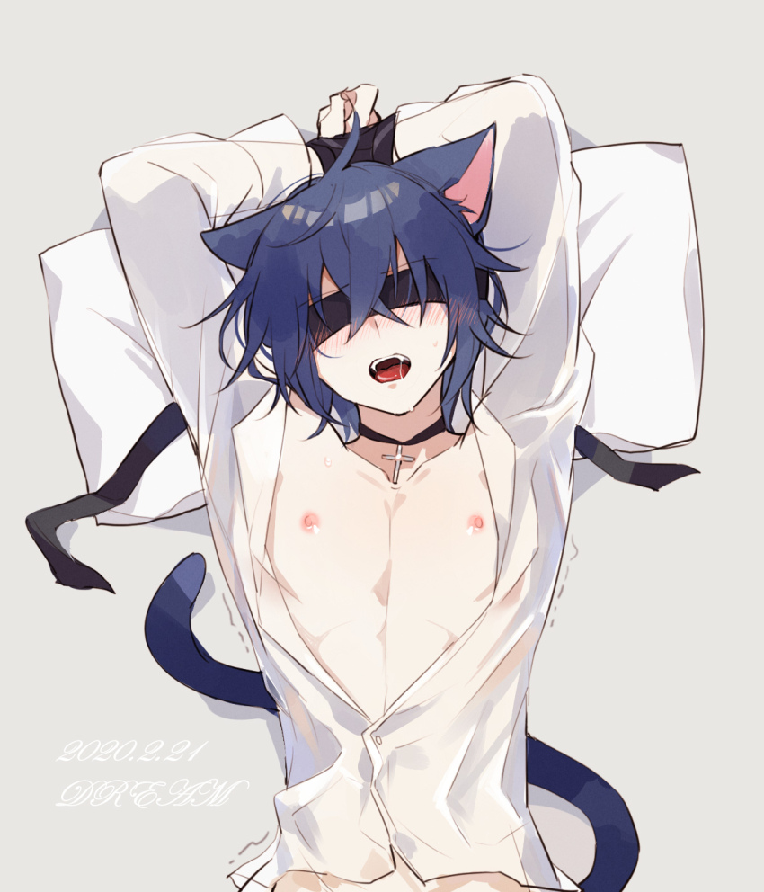 1boy animal_ears arms_behind_head black_choker black_lynx blindfold blush bound bound_arms cat_boy cat_ears cat_tail choker cross cross_choker dream_han facing_up highres lying male_focus nipples open_clothes open_mouth pillow shirt shugo_chara! solo tail tsukiyomi_ikuto white_shirt