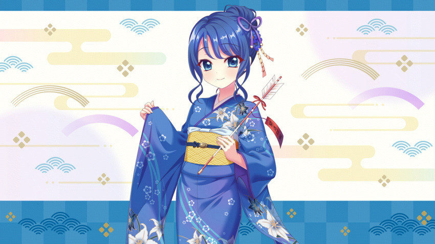 1girl arrow_(projectile) blue_eyes blue_hair blue_kimono closed_mouth cowboy_shot dot_nose egasumi film_grain floral_print floral_print_kimono futaba_shiho game_cg hair_bun hair_ribbon hair_up hamaya hand_up holding holding_arrow izumi_tsubasu japanese_clothes kimono looking_at_viewer mole mole_under_mouth new_year non-web_source obi official_art ofuda print_kimono purple_ribbon re:stage! ribbon sash seigaiha sidelocks single_hair_bun smile solo wide_sleeves yukata