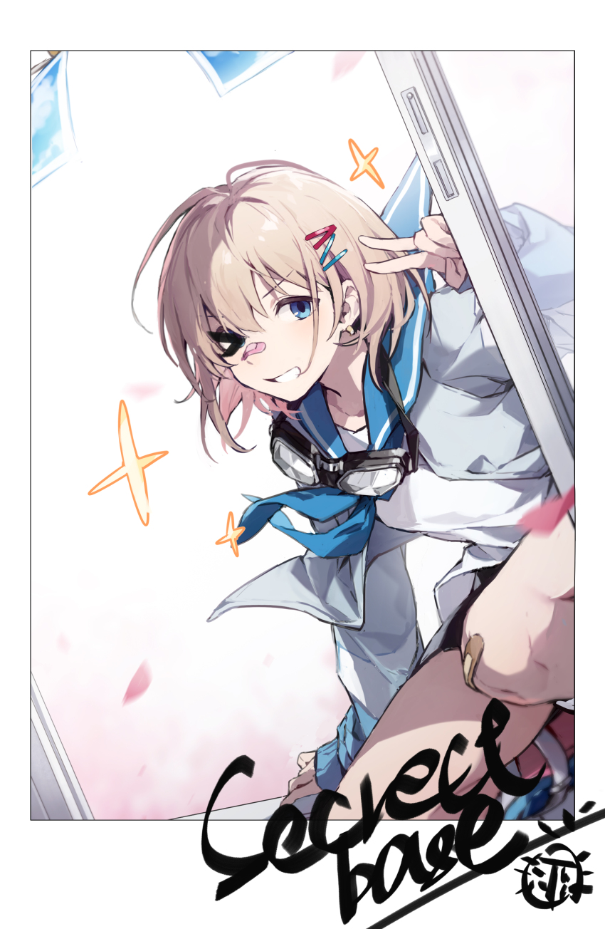 1girl absurdres bandaid bandaid_on_face bandaid_on_knee bandaid_on_leg bandaid_on_nose blue_eyes blue_neckerchief blue_sailor_collar border brown_hair commentary earrings english_commentary english_text hair_between_eyes hand_up highres idolmaster idolmaster_shiny_colors jewelry long_sleeves looking_at_viewer neckerchief open_mouth oyo_hitsuji pose_request sailor_collar serizawa_asahi shirt short_hair sleeves_past_wrists solo teeth v white_border white_shirt