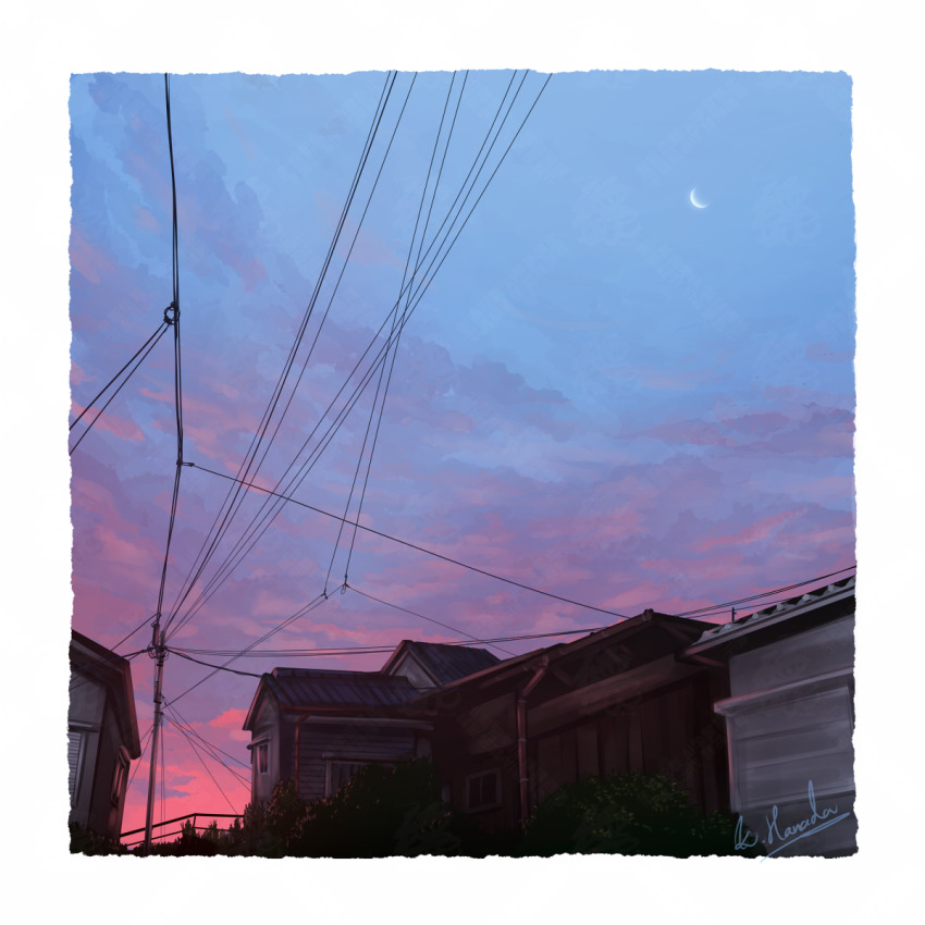 alu.m_(alpcmas) border building cloud cloudy_sky commentary_request crescent_moon evening highres house moon no_humans original power_lines scenery signature sky sky_focus urban utility_pole white_border