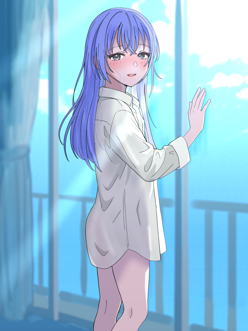 1girl bare_legs blue_hair blush borrowed_clothes commentary_request feet_out_of_frame highres hondy_(user_gcxa2842) idolmaster idolmaster_shiny_colors indoors long_hair looking_at_viewer looking_to_the_side no_pants see-through_silhouette shirt smile solo straight_hair suzuki_hana very_long_hair white_shirt