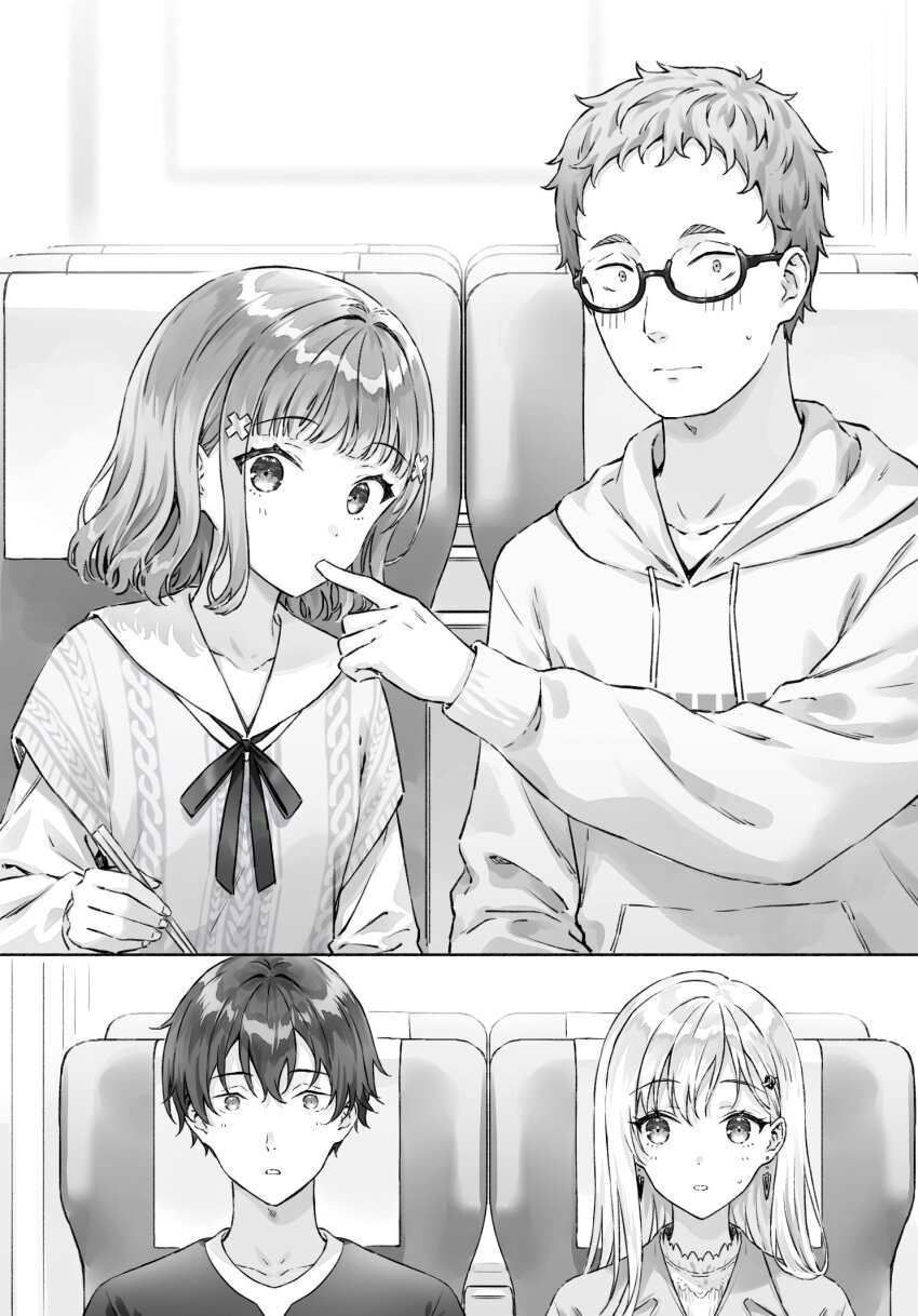 2boys 2girls asamura_yuuta ayase_saki brother_and_sister chopsticks closed_mouth collared_shirt commentary_request earrings finger_in_another&#039;s_mouth gimai_seikatsu glasses greyscale hair_ornament hairclip highres hiten_(hitenkei) holding holding_chopsticks hood hoodie jewelry light_blush long_sleeves looking_at_viewer maru_tomokazu medium_hair monochrome multiple_boys multiple_girls narasaka_maaya neck_ribbon novel_illustration official_art parted_lips ribbon second-party_source semi-rimless_eyewear shirt short_hair siblings sitting step-siblings under-rim_eyewear x_hair_ornament