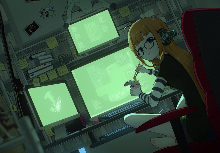 1girl :3 absurdres ahoge amamiya_ren amiibo backlighting barefoot behind-the-head_headphones blunt_bangs blurry book bookmark chair chopsticks closed_mouth computer crossed_ankles cup_ramen depth_of_field dutch_angle eating feet_on_chair figure from_behind game_console guitar headphones highres holding holding_chopsticks indian_style indoors instrument computer_keyboard layered_sleeves link long_hair long_sleeves looking_at_viewer looking_back monitor computer_mouse multiple_monitors nintendo nintendo_switch office_chair orange_hair persona persona_5 photo_(object) purple_eyes sakura_futaba screen_light shelf short_over_long_sleeves short_sleeves sitting solo sticky_note straight_hair striped_sleeves swivel_chair the_legend_of_zelda thighs tissue_box very_long_hair waneyeye