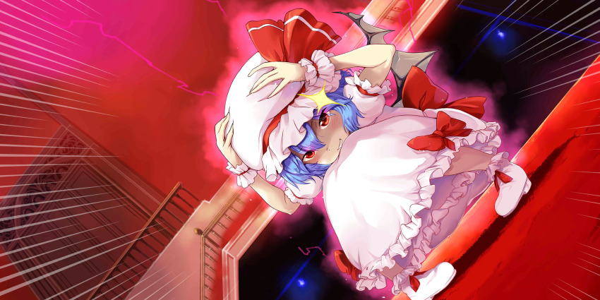 1girl ascot bat_wings blue_hair blush charisma_guard commentary covering_head cowering door embarrassed english_commentary full_body game_cg hair_between_eyes hands_on_headwear hands_on_own_head hat hat_ribbon highres hiura_r indoors mob_cap official_art open_mouth pink_hat pink_shirt pink_skirt puffy_short_sleeves puffy_sleeves red_ascot red_eyes red_nails red_ribbon remilia_scarlet ribbon shirt short_hair short_sleeves simple_background skirt skirt_set solo squatting third-party_source touhou touhou_lostword white_background wings wrist_cuffs