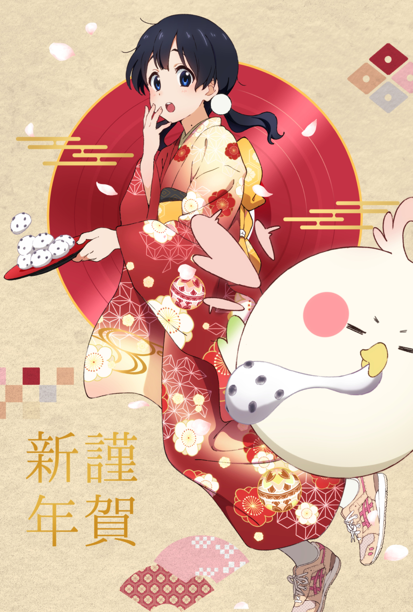 1girl :o animal bird black_hair blue_eyes blush dera_mochimazzui eating floral_print food food_in_mouth food-themed_hair_ornament hair_ornament hand_on_own_face happy_new_year highres holding holding_tray japanese_clothes kimono kitashirakawa_tamako long_hair looking_at_viewer mochi new_year obi open_mouth sash shoes sneakers tamako_market tesseract_(retr0_0o) tray twintails