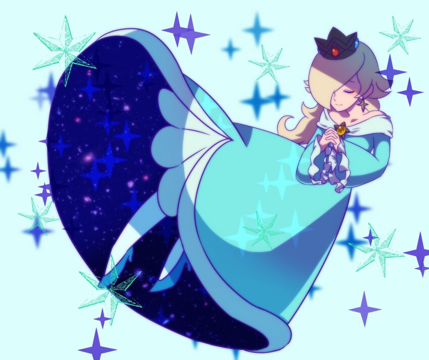 1girl aqua_dress bare_shoulders blonde_hair blue_shoes brooch closed_eyes commentary_request crown dress earrings floating full_body hair_over_one_eye high_heels highres jewelry long_dress long_hair long_sleeves mario_(series) nintendo own_hands_clasped own_hands_together rosalina shoes simple_background smile solo space star_(sky) star_(symbol) star_brooch star_earrings super_mario_galaxy takenokonoko