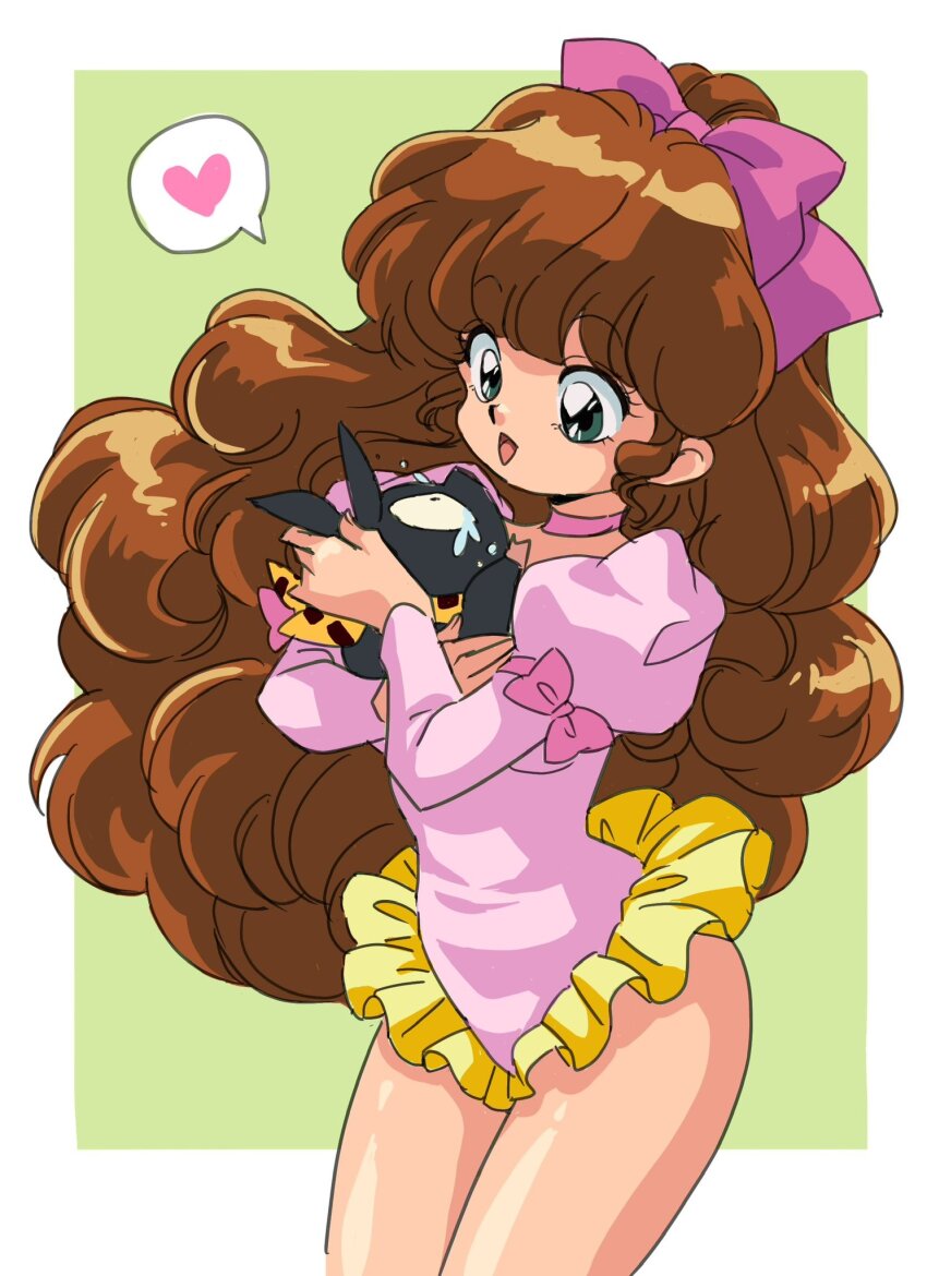 1girl animal ayamame border bow breasts brown_hair choker commentary_request cowboy_shot curly_hair fluffy_hair frilled_leotard frills green_background green_eyes hair_bow heart highres holding holding_animal juliet_sleeves leotard long_hair long_sleeves looking_at_animal open_mouth outside_border p-chan pig pink_bow pink_choker pink_leotard puffy_sleeves ranma_1/2 scarf shiratori_azusa small_breasts smile speech_bubble spoken_heart standing tears thighs very_long_hair white_border yellow_scarf