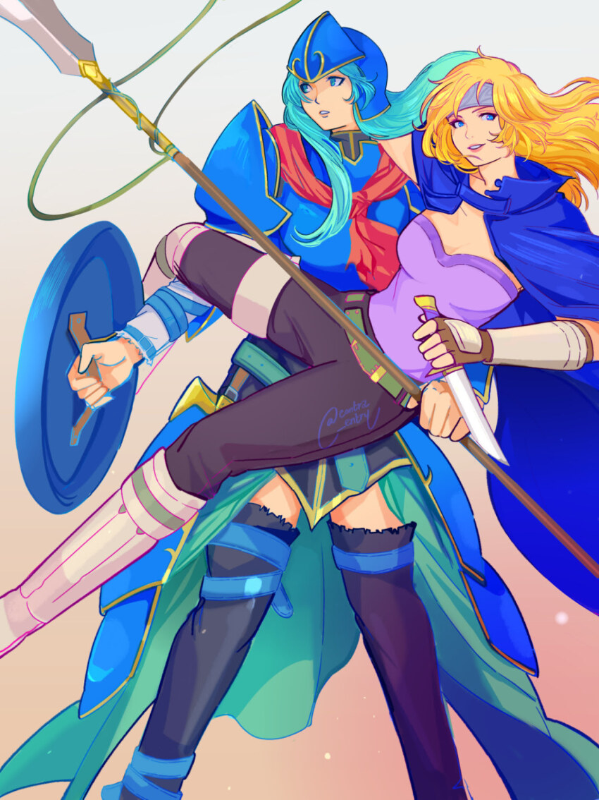 2girls arm_behind_head armor blonde_hair blue_armor blue_cape blue_eyes cape dagger fire_emblem fire_emblem:_radiant_dawn green_hair headband heather_(fire_emblem) highres holding holding_dagger holding_knife holding_polearm holding_weapon knife lamb_(contra_entry) multiple_girls nephenee_(fire_emblem) nintendo polearm shield weapon yuri