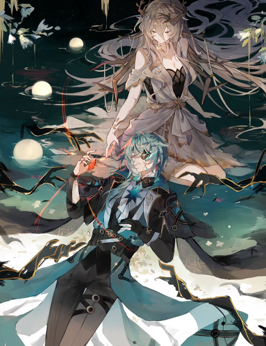 1boy 1girl afloat anaxa_(honkai:_star_rail) black_jacket black_pants breaking breasts calypso_(honkai:_star_rail) cleavage_cutout closed_eyes clothing_cutout dress eyepatch gem green_hair hair_branch highres honkai:_star_rail honkai_(series) jacket large_breasts long_hair missing_commentary pants partially_submerged scar scar_across_eye scar_on_face short_hair white_dress xu_carman