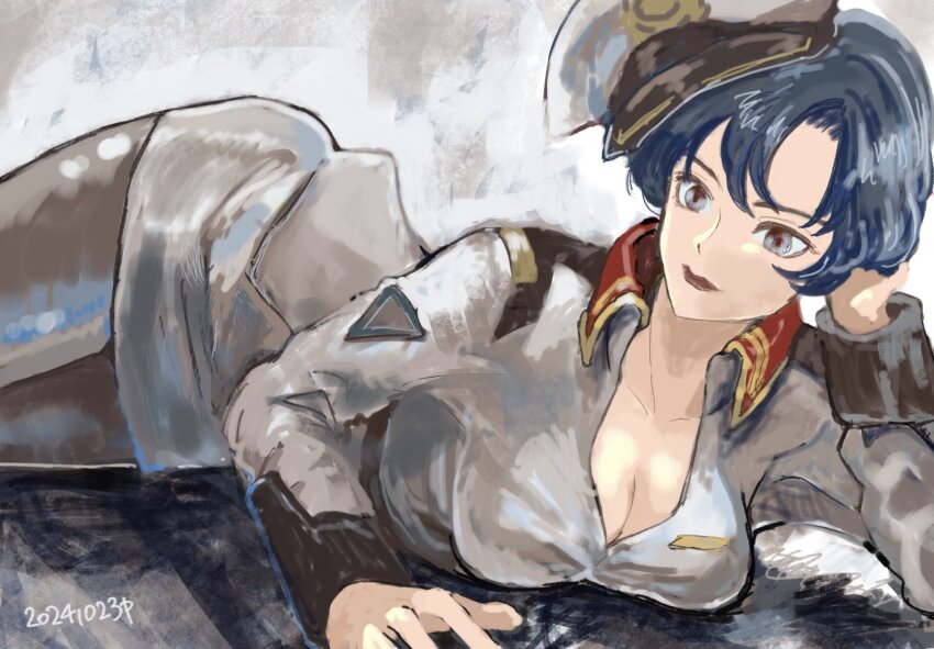 1girl black_hair blue_eyes breasts cleavage closed_mouth collar commentary commentary_request cropped_legs dated english_commentary gundam gundam_seed hat highres large_breasts long_sleeves lying military_hat military_uniform mixed-language_commentary natarle_badgiruel okrdisk2000 on_side pantyhose short_hair solo visor_cap white_hat