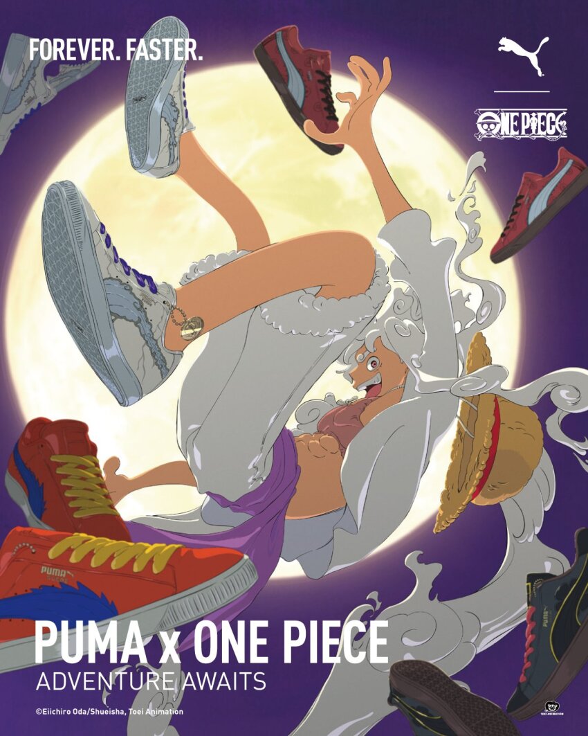 1boy abs artist_collaboration cloud_hair curly_eyebrows english_text facial_scar fiery_hair full_body full_moon gear_fifth hat highres jumping looking_at_viewer male_focus monkey_d._luffy moon night night_sky official_art one_piece open_clothes open_mouth pants pectorals promotional_art puma_(brand) scar scar_on_cheek scar_on_chest scar_on_face shoes short_hair sky smile solo straw_hat title toei_animation white_hair