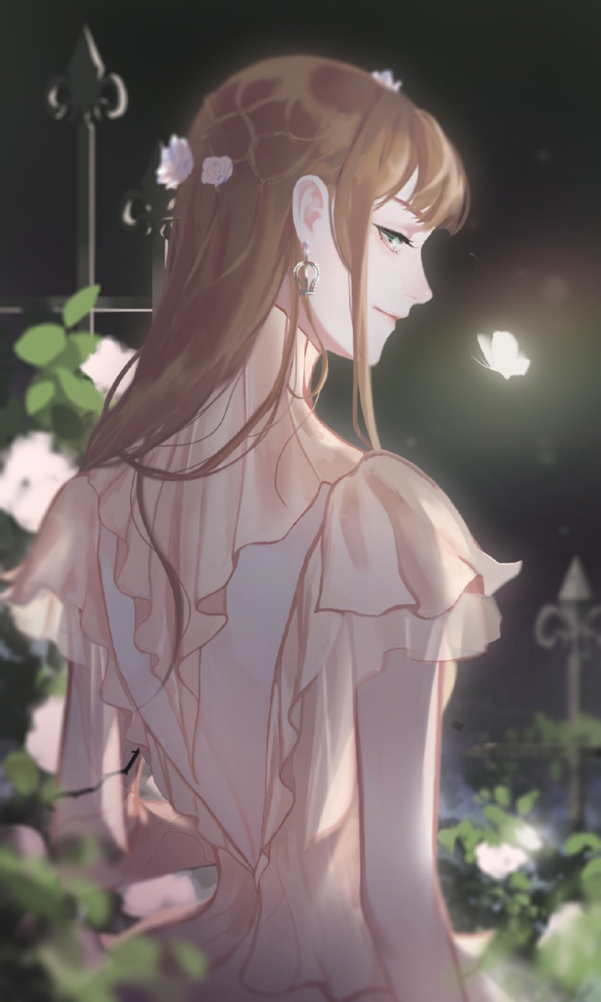 1girl absurdres back_cutout baixue_fuchunting bare_arms bare_back brown_hair bug butterfly character_request chinese_commentary closed_mouth clothing_cutout commentary dress earrings eyelashes fence flower from_behind garden gold_earrings green_eyes hair_flower hair_ornament hair_over_one_eye highres hoop_earrings insect jewelry light_particles lips long_hair looking_at_viewer looking_back night night_sky nikki_(series) outdoors pink_dress pink_flower pink_lips pink_rose pleated_sleeves pointy_nose rose shining_nikki short_sleeves shoulder_blades sky smile solo turtleneck turtleneck_dress upper_body white_butterfly white_flower