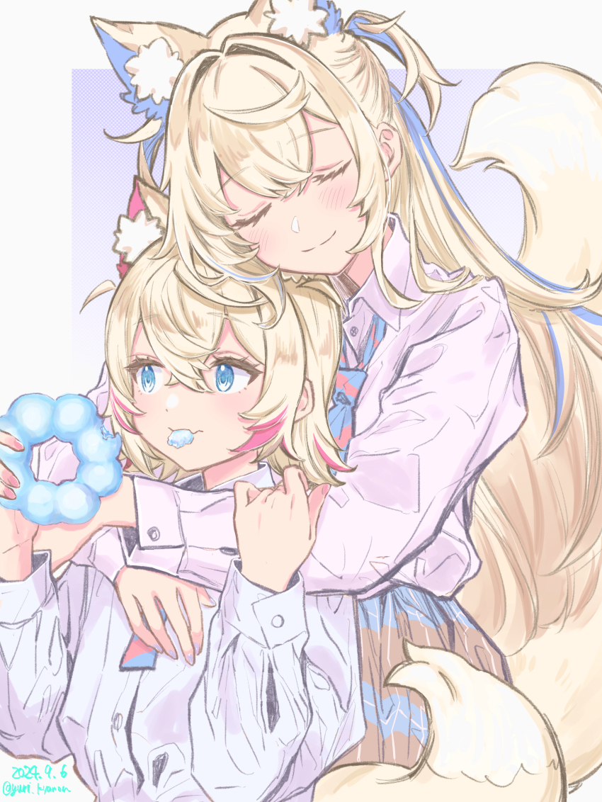 2girls absurdres alternate_costume animal_ear_fluff animal_ears blonde_hair blue_eyes blue_hair blue_nails blush closed_mouth collared_shirt commentary commentary_request dog_ears dog_girl dog_tail donut food food_in_mouth fuwawa_abyssgard hands_on_own_hips highres hololive hololive_english hug long_hair looking_at_viewer mococo_abyssgard mouth_hold multicolored_hair multiple_girls nail_polish pink_hair pink_nails pon_de_ring shirt short_hair siblings sisters smile streaked_hair tail twins two_side_up very_long_hair virtual_youtuber white_shirt yuri_kyanon