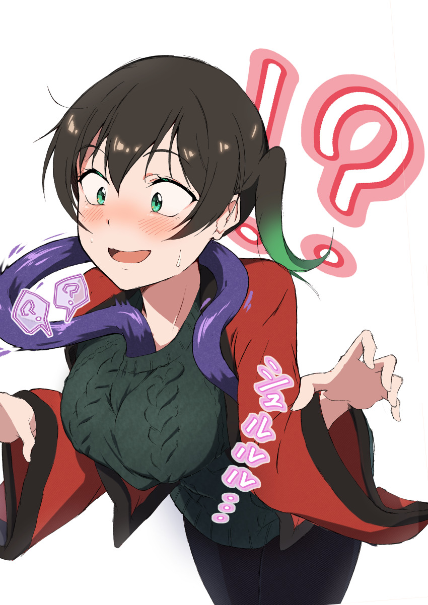 !? 1girl absurdres between_breasts black_hair black_pants blush breasts cable_knit commentary_request constricted_pupils double-parted_bangs embarrassed gradient_hair green_eyes green_hair green_sweater hair_between_eyes haori highres inside_clothes japanese_clothes large_breasts love_live! love_live!_nijigasaki_high_school_idol_club medium_hair multicolored_hair pants red_haori sasuke_(love_live!) simple_background solo surprised sweatdrop sweater takasaki_yu twintails two-tone_hair white_background zasshoku_ojisan