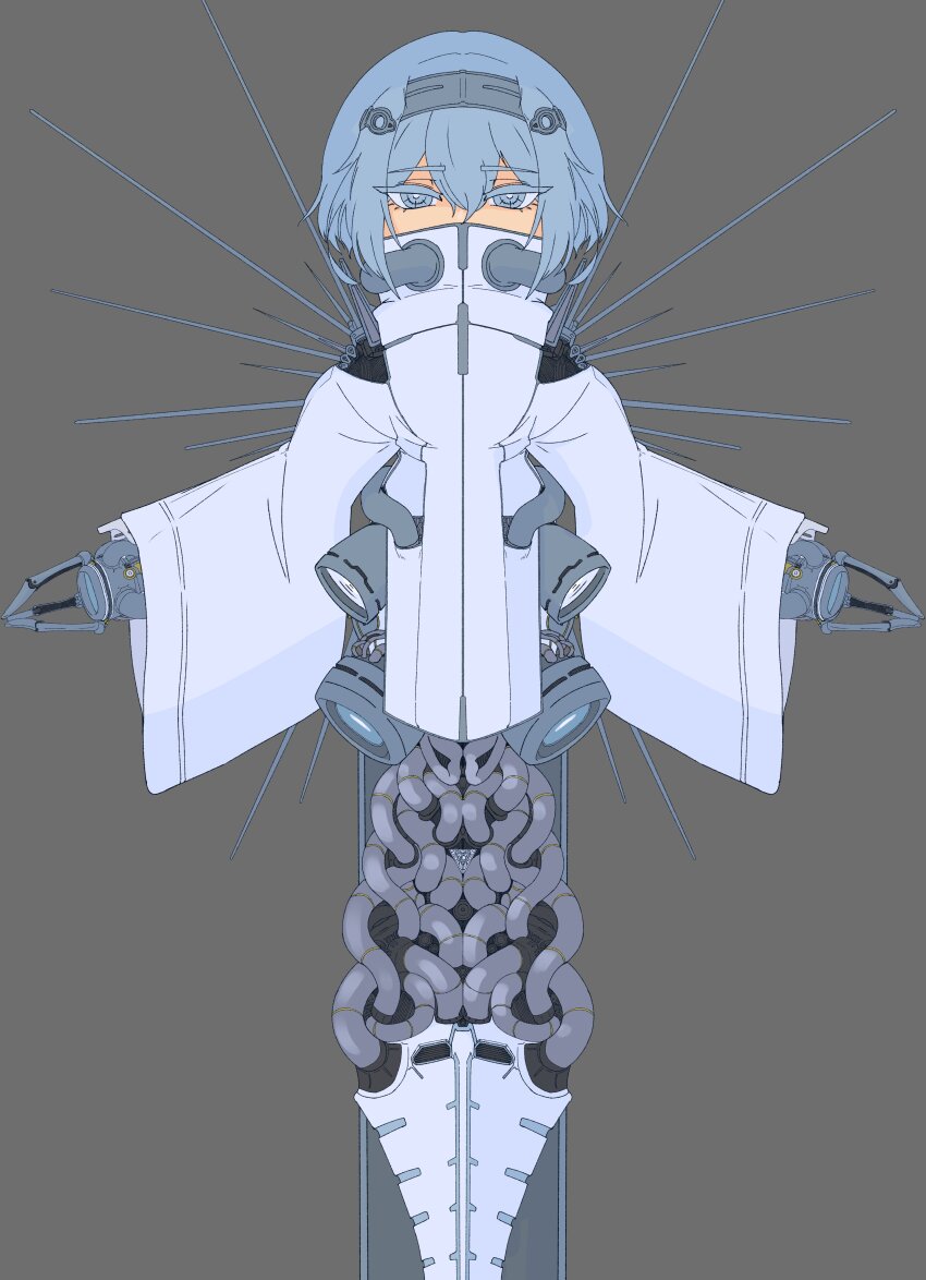 1boy absurdres blue_eyes blue_hair breathing_tube clawed_hands covered_mouth cyborg gaussia_(the_citadel) grey_background hair_between_eyes hairband heaven_s_eve highres jet_engine machinery mechanical_arms mechanical_hands mechanical_wings robe short_hair simple_background the_citadel tube turtleneck white_robe wings
