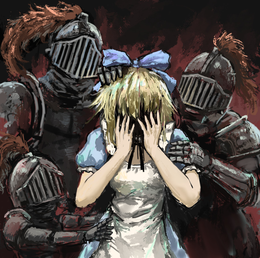 1girl 3boys alice_(black_souls) apron armor black_liquid black_souls black_souls_2 blonde_hair blue_dress blue_ribbon covering_face dress frills full_armor gauntlets grimm_(black_souls) hair_ribbon hand_on_another&#039;s_head hand_on_another&#039;s_hip hand_on_another&#039;s_shoulder hands_on_own_face helmet hole_in_face multiple_boys puffy_short_sleeves puffy_sleeves ribbon role_reversal short_sleeves white_apron zhuxie1264852