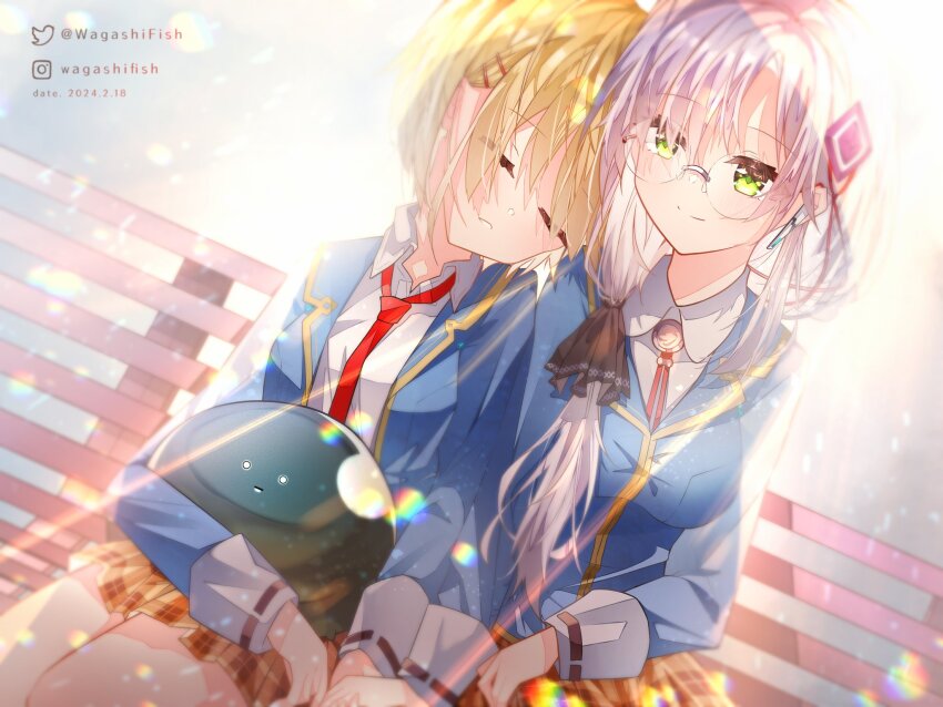 2girls bench blonde_hair blue_jacket breasts closed_eyes collared_shirt earphones glasses green_eyes grey_hair head_on_another&#039;s_shoulder heaven_burns_red highres izumi_yuki_(heaven_burns_red) jacket kayamori_ruka large_breasts long_hair long_sleeves low-tied_long_hair multiple_girls narvy_(heaven_burns_red) necktie red_necktie round_eyewear shirt short_hair sitting skirt sleeping sleeping_on_person wagashifish white_shirt yuri