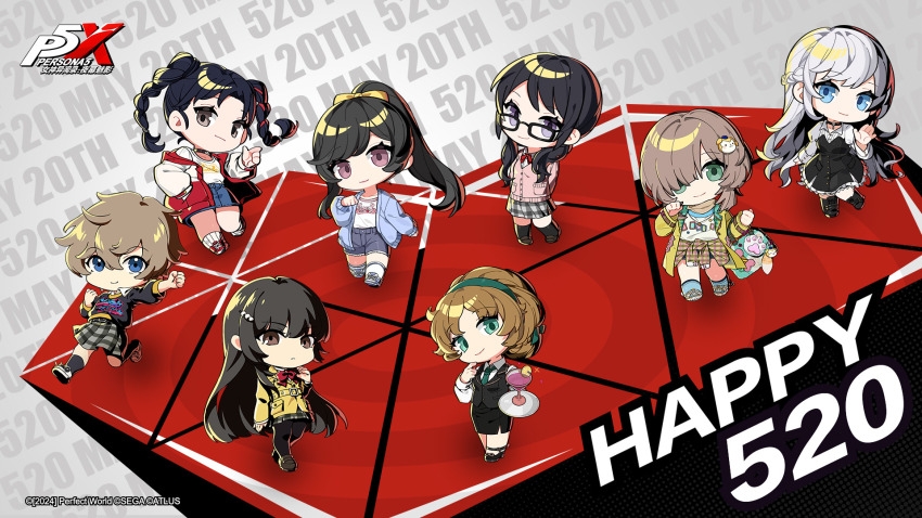 6+girls arai_motoha arm_up artist_request black-framed_eyewear black_hair blonde_hair blue_eyes braid brown_eyes brown_hair chibi copyright_name dated dogenzaka_runa glasses green_eyes hair_over_one_eye highres li_yaoling long_hair looking_at_viewer low_twintails miyashita_minami montagne_kotone multiple_girls noge_tomoko official_art one_eye_covered persona persona_5 persona_5:_the_phantom_x plaid_clothes plaid_skirt ponytail purple_eyes school_uniform shiina_yumi skirt smile tanemura_riko third-party_source twin_braids twintails valentine white_hair