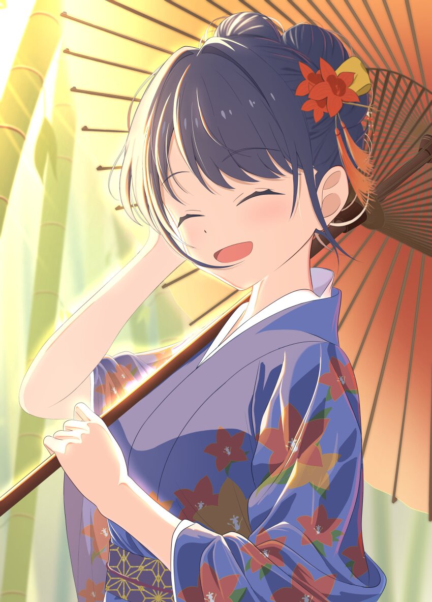 1girl :d ^_^ absurdres alternate_costume alternate_hairstyle asa_no_ha_(pattern) bamboo bamboo_forest blue_hair blue_kimono blue_sash blush closed_eyes commentary_request dark_blue_hair facing_viewer floral_print floral_print_kimono forest hair_intakes highres holding holding_umbrella japanese_clothes kimono link!_like!_love_live! love_live! morio_(mmorio_mu) multiple_hair_buns murano_sayaka nature obi oil-paper_umbrella open_mouth orange_umbrella patterned_sash print_kimono sash short_hair sidelocks three-quarter_sleeves sleeves_pushed_up smile solo umbrella umbrella_over_shoulder upper_body virtual_youtuber
