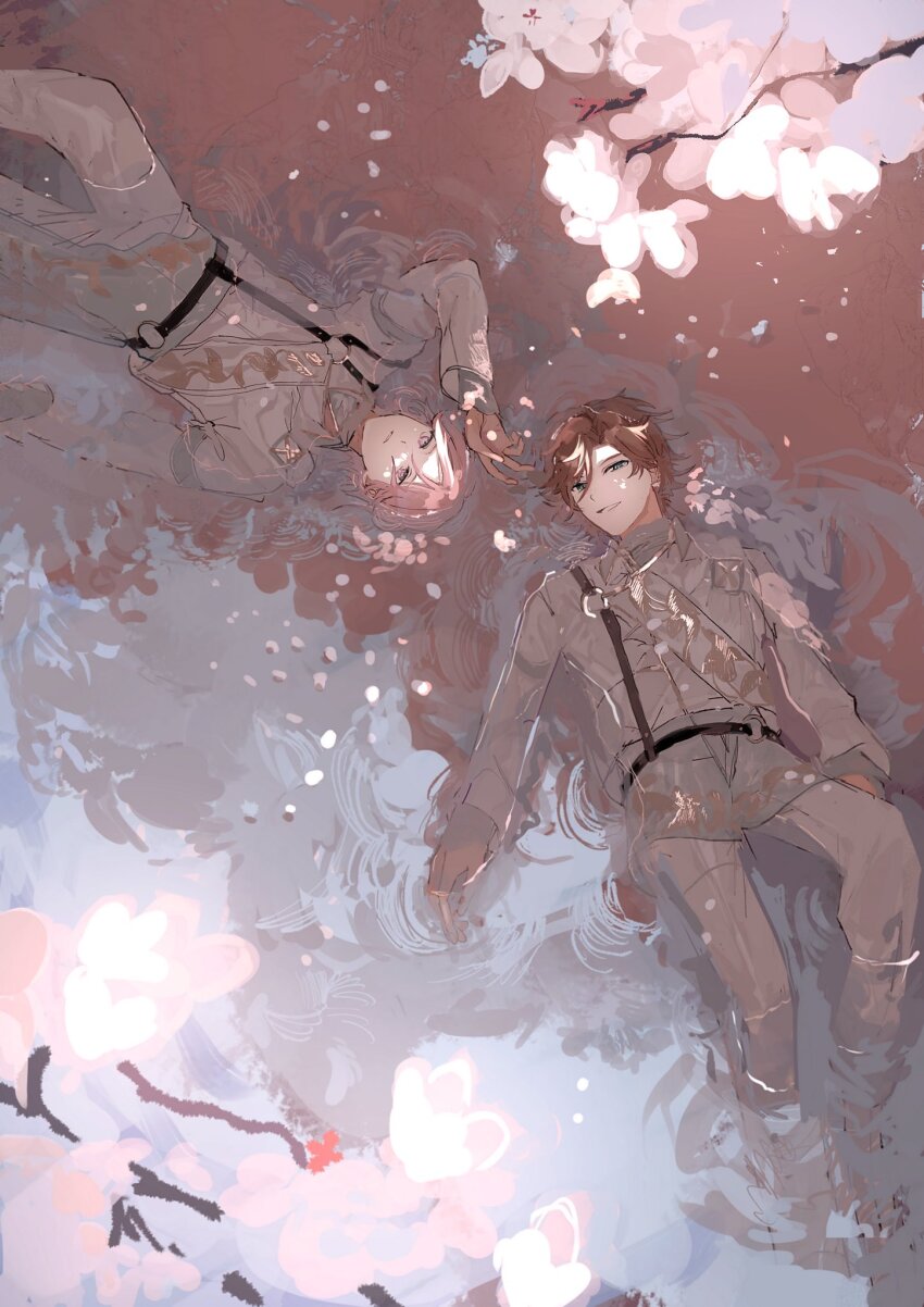 22kolink 2boys brown_hair cherry_blossoms double_face_(ensemble_stars!) ensemble_stars! flower highres long_sleeves lying male_focus mikejima_madara military_uniform multiple_boys oukawa_kohaku pants petals shirt short_hair smile water