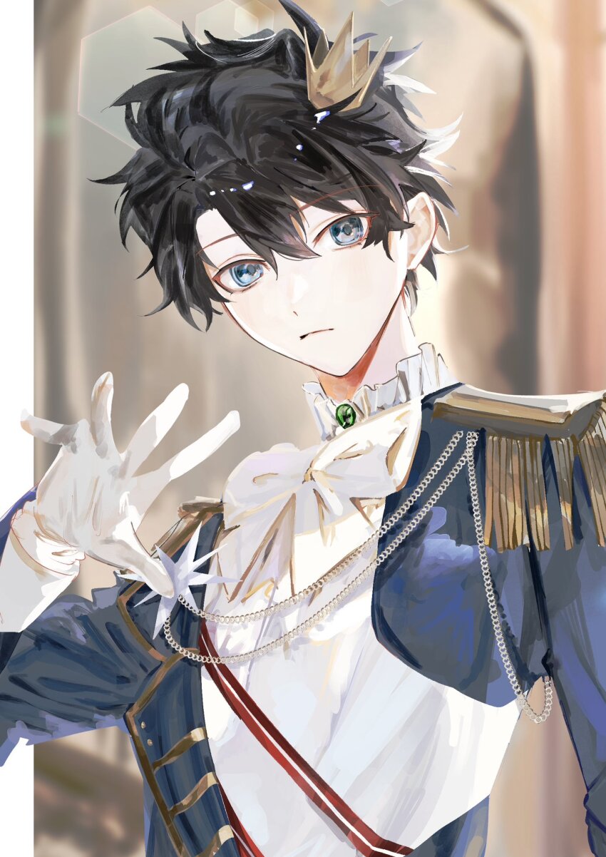 1boy belt black_hair blue_eyes bow crown epaulettes fate/grand_order fate_(series) fujimaru_ritsuka_(male) fujimaru_ritsuka_(male)_(halloween_royalty) gloves hair_ornament highres jacket long_sleeves looking_at_viewer male_focus mini_crown official_alternate_costume sasakitogd shirt short_hair solo white_bow white_gloves
