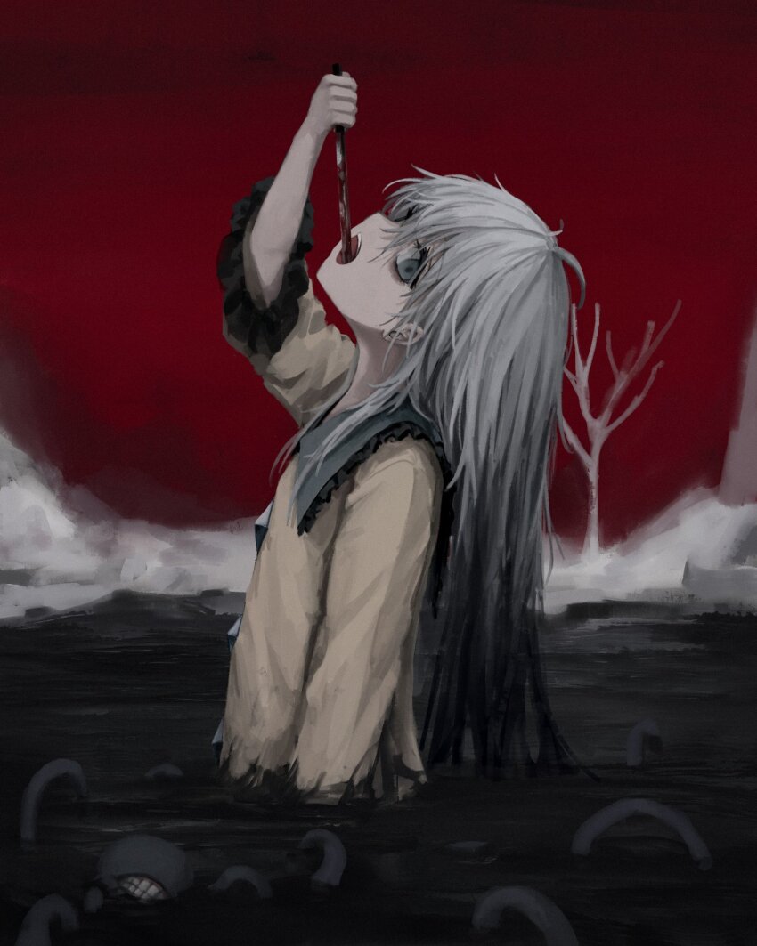 1girl alternate_hair_length alternate_hairstyle arm_at_side arm_up bare_tree blood bloody_knife dead_tree frilled_shirt frills from_side grey_eyes grey_hair highres holding holding_knife knife knife_in_mouth komeiji_koishi long_hair long_sleeves looking_at_viewer looking_to_the_side open_mouth partially_submerged red_sky reverinth shirt sky solo touhou tree upper_body yellow_shirt