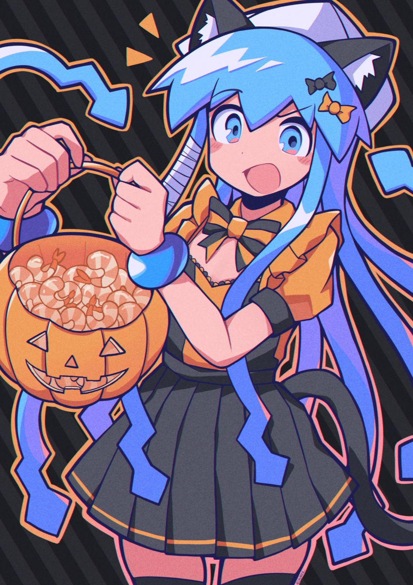 1girl :d absurdres alternate_costume animal_ears bad_id bad_twitter_id black_background black_dress black_thighhighs blue_eyes blue_hair blush_stickers bow bucket cat_ears cat_girl cat_tail commentary cowboy_shot diagonal-striped_background dress emphasis_lines hair_between_eyes halloween halloween_bucket halloween_costume hat highres holding holding_bucket ikamusume jack-o&#039;-lantern kemonomimi_mode long_hair long_sidelocks looking_at_viewer open_mouth orange_bow orange_dress orange_outline outline pleated_dress puffy_short_sleeves puffy_sleeves raised_eyebrow shinryaku!_ikamusume short_sleeves shrimp sidelocks signal_(eriasignal) smile solo squid striped_background tail tentacle_hair tentacles thick_outlines thighhighs two-tone_dress very_long_sidelocks white_hat wristband zettai_ryouiki