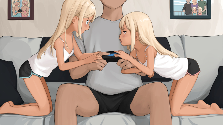 1boy 2girls arguing barefoot black_shorts blonde_hair blue_eyes breasts brother_and_sister brown_eyes camisole controller couch faceless faceless_male feet game_controller grey_shirt head_out_of_frame kneeling kuroshiro00 leaning_forward lisa_(kuroshiro00) long_hair luna_(kuroshiro00) multiple_girls open_mouth original photo_(object) pillow playing_games shirt short_shorts short_sleeves shorts siblings sisters sitting small_breasts thighs twins white_camisole
