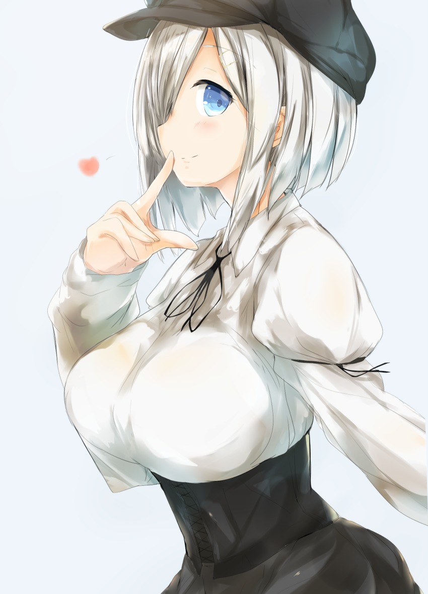 10s 1girl absurdres blue_eyes breasts casual corset female_focus from_side hair_ornament hair_over_one_eye hairclip hamakaze_(kancolle) highres impossible_clothes kantai_collection large_breasts lips looking_at_viewer meme_attire nagisa_(imizogami) shirt short_hair smile solo upper_body virgin_killer_outfit white_hair white_shirt