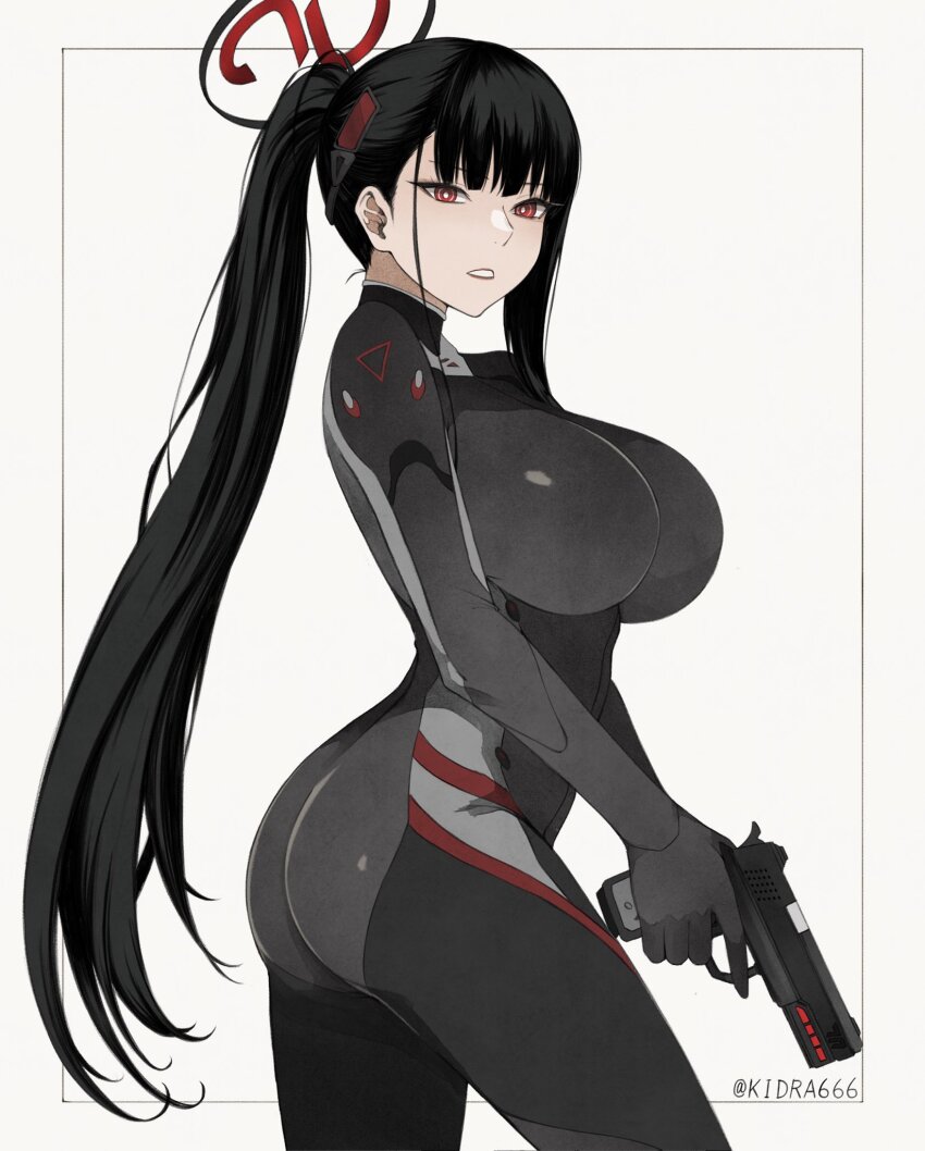 1girl ass bake_ryori black_bodysuit black_hair blue_archive bodysuit breasts bright_pupils commentary_request eyelashes from_side gun halo handgun high_ponytail highres holding holding_gun holding_weapon inset_border large_breasts long_hair looking_at_viewer parted_lips ponytail red_eyes ringed_eyes rio_(blue_archive) simple_background skin_tight solo twitter_username very_long_hair weapon white_background white_pupils