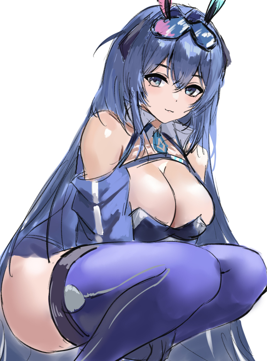 1girl :3 absurdres animal_ears azur_lane blue_eyes blue_hair boots breasts chinese_commentary cleavage closed_mouth commentary feet_out_of_frame goggles goggles_on_head highres large_breasts long_hair long_sleeves looking_at_viewer new_jersey_(azur_lane) new_jersey_(black_blur_prelude)_(azur_lane) obniermarbiss official_alternate_costume outdoors rabbit_ears race_queen simple_background sketch solo squatting thigh_boots thighhighs very_long_hair white_background