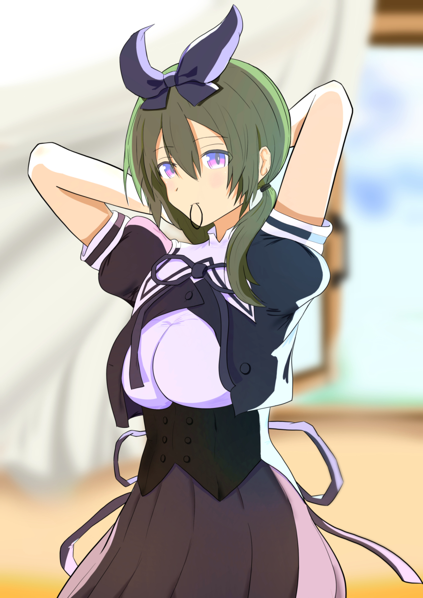 1girl absurdres arms_behind_head arms_up assault_lily black_bow black_ribbon black_skirt blurry blurry_background blush bow breasts closed_mouth commentary cowboy_shot cropped_jacket curtains day hair_between_eyes hair_bow hair_half_undone hair_tie_in_mouth highres kirikabu_(user_egjh7848) large_breasts long_hair looking_at_viewer low_twintails mouth_hold neck_ribbon open_window outdoors pleated_skirt puffy_short_sleeves puffy_sleeves purple_eyes ribbon school_uniform shirt short_sleeves skirt solo standing twintails tying_hair underbust white_shirt window yamanashi_hibari yurigaoka_girls_academy_school_uniform