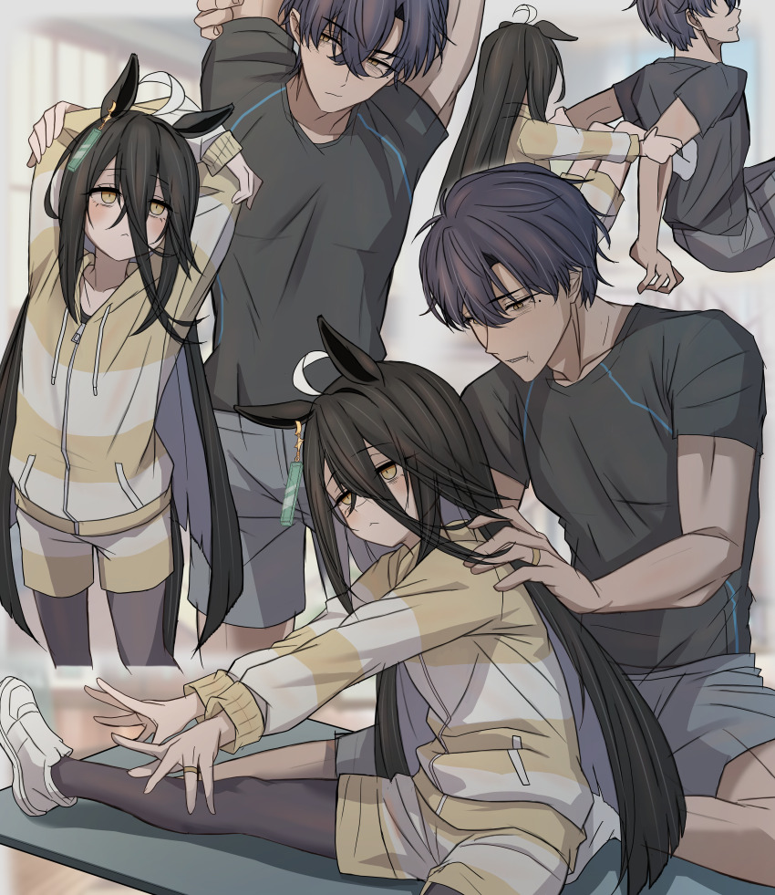 1boy 1girl absurdres animal_ears black_hair black_pantyhose black_shirt highres horse_ears horse_girl jacket leogust long_hair manhattan_cafe_(umamusume) multiple_views pantyhose pantyhose_under_shorts shirt shorts stretching t-shirt track_jacket trainer_(umamusume) umamusume variant_set white_sneakers yellow_eyes