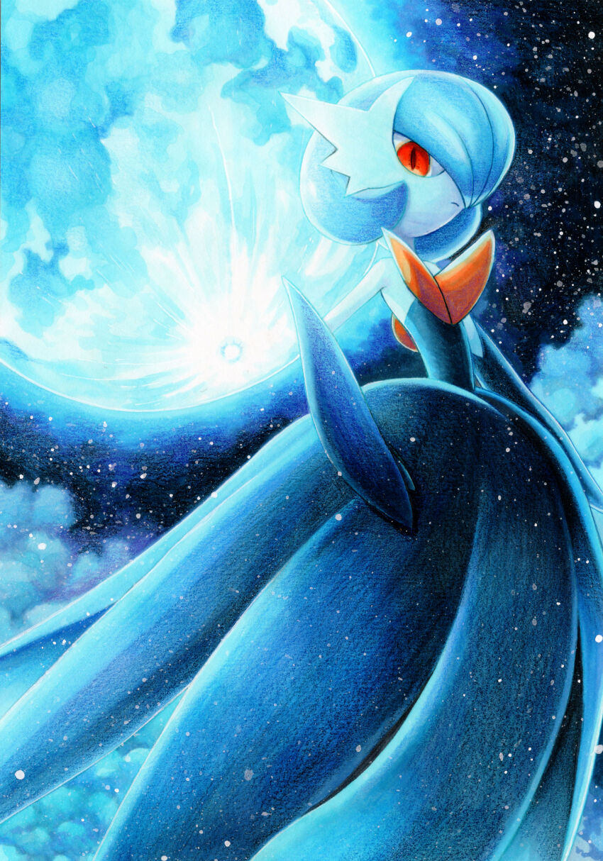 1girl absurdres alternate_color bare_shoulders black_dress black_gloves black_sky blue_hair blue_moon blue_theme bob_cut closed_mouth cloud colored_skin dress elbow_gloves expressionless female_focus flat_chest full_body full_moon gardevoir gen_3_pokemon gloves hair_over_one_eye highres long_dress looking_at_viewer marker_(medium) mega_gardevoir mega_pokemon moon moonlight night nintendo one_eye_covered orange_eyes outdoors pokemon pokemon_(creature) shiny_pokemon short_hair sky solo standing star_(sky) strapless strapless_dress traditional_media white_skin yuka_(yukaaaaaaa0705)