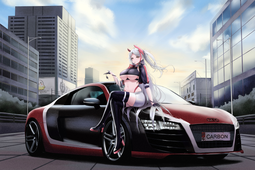 1girl absurdres audi audi_r8 azur_lane black_footwear black_thighhighs boots breasts car car_keys cityscape commentary cropped_jacket crossed_legs full_body gloves grey_hair headset high_heel_boots high_heels highres kcar66t large_breasts long_hair motor_vehicle need_for_speed need_for_speed:_carbon official_alternate_costume on_car prinz_eugen_(azur_lane) prinz_eugen_(final_lap)_(azur_lane) product_placement race_queen revision sitting skirt thigh_boots thighhighs thighs two_side_up underboob vehicle_focus