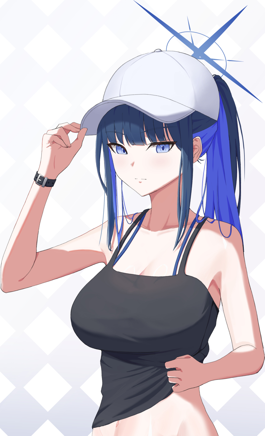 1girl absurdres argyle_background arm_up bare_shoulders baseball_cap black_camisole black_hair blue_archive blue_eyes blue_hair blunt_bangs blush breasts camisole camisole_lift cleavage closed_mouth clothes_lift collarbone colored_inner_hair commentary groin halo hand_on_headwear hat highres large_breasts lifting_own_clothes long_hair looking_at_viewer multicolored_hair navel no_mask official_alternate_costume ponytail saori_(blue_archive) saori_(swimsuit)_(blue_archive) senkuma777 sleeveless solo standing stomach upper_body white_hat wristband