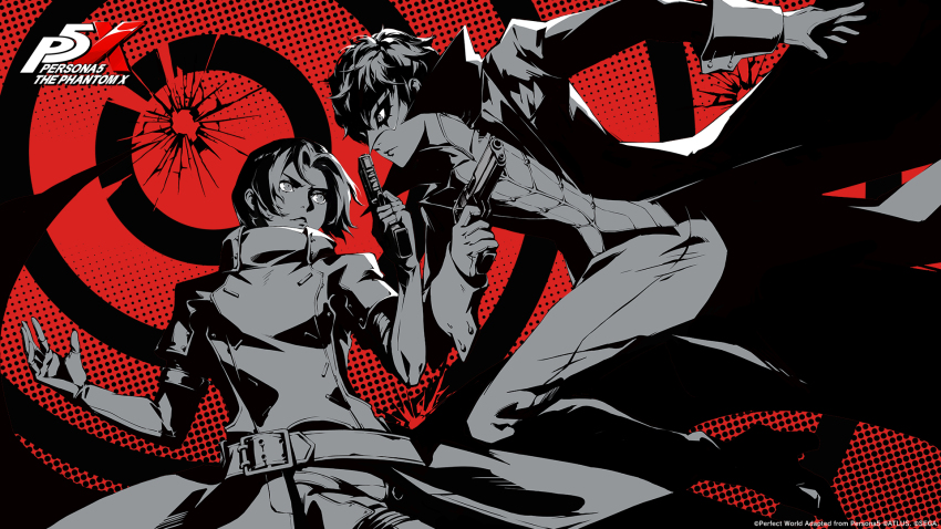 2boys amamiya_ren closed_mouth copyright_name floating_hair gun highres holding holding_gun holding_weapon jacket joker_(persona_5) kamishiro_nagisa long_sleeves looking_at_another male_focus mask masked multiple_boys official_art pants persona persona_5 persona_5:_the_phantom_x short_hair soejima_shigenori third-party_source weapon wonder_(p5x)