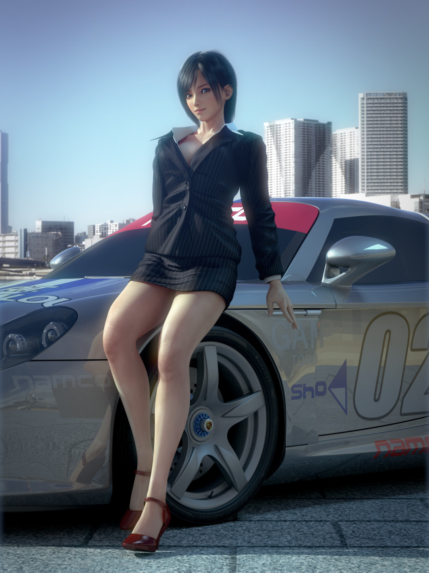 1girl 3d breasts brown_eyes building car formal_clothes highres incise_soul large_breasts looking_at_viewer motor_vehicle nagase_reiko namco porsche porsche_carrera_gt ridge_racer shoes skyline suit unused_tire