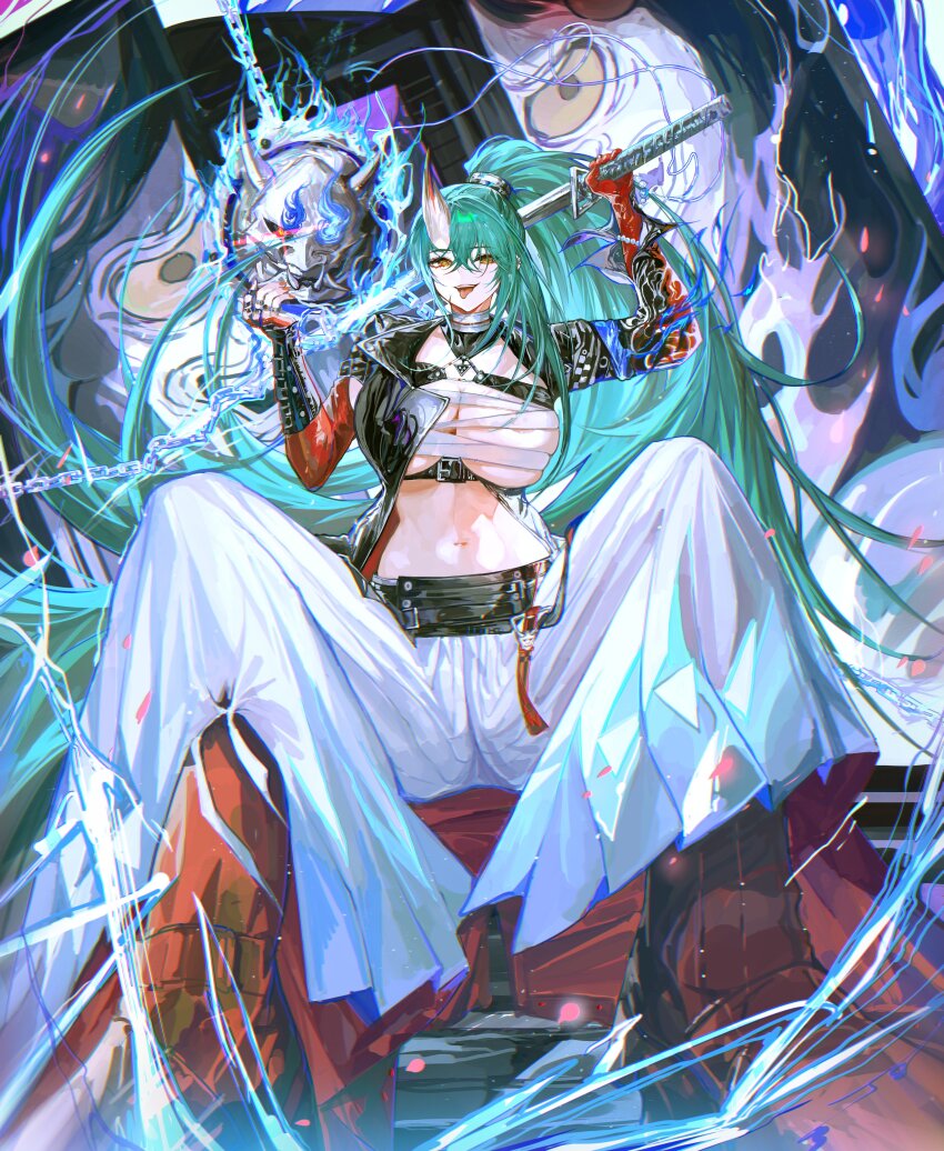 absurdres arknights chest_sarashi green_hair highres holding holding_sword holding_weapon horns hoshiguma_(arknights) hoshiguma_the_breacher_(arknights) katana oni sarashi single_horn skin-covered_horns sword tagme weapon yellow_eyes yuki_flourish