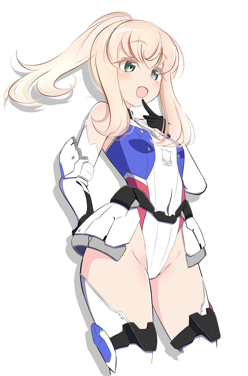 1girl absurdres alice_gear_aegis black_gloves blonde_hair blue_leotard breasts elbow_gloves gloves green_eyes haruwo0096 highleg highleg_leotard highres leotard long_hair multicolored_leotard noelle_francisca open_mouth ponytail showgirl_skirt sidelocks simple_background small_breasts smile solo thighhighs two-tone_leotard variant_set white_background white_leotard white_thighhighs