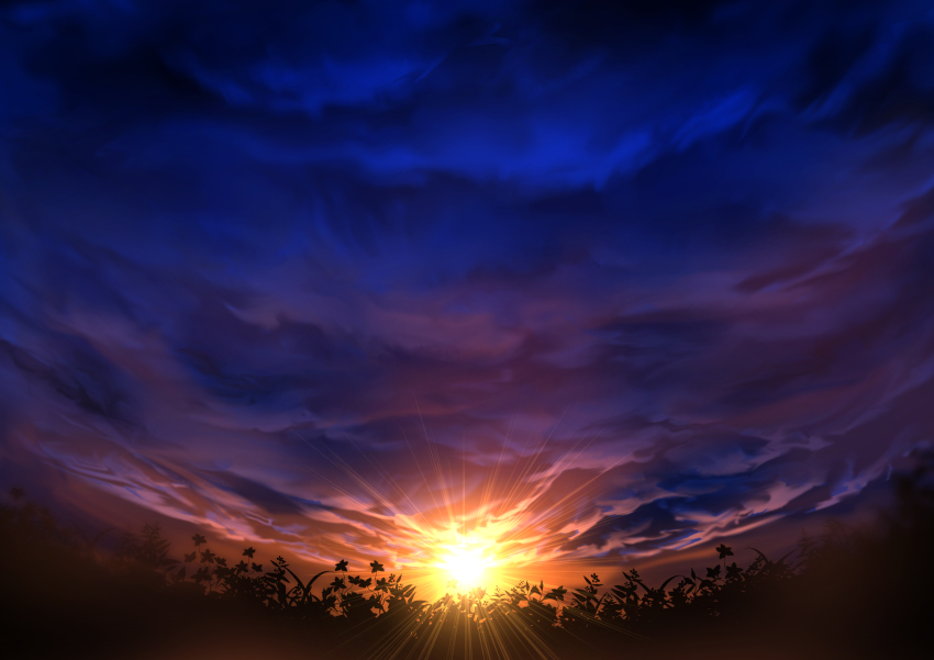 absurdres cloud cloudy_sky commentary_request evening highres mitsukasa no_humans original outdoors plant scenery silhouette sky sky_focus sun sunset