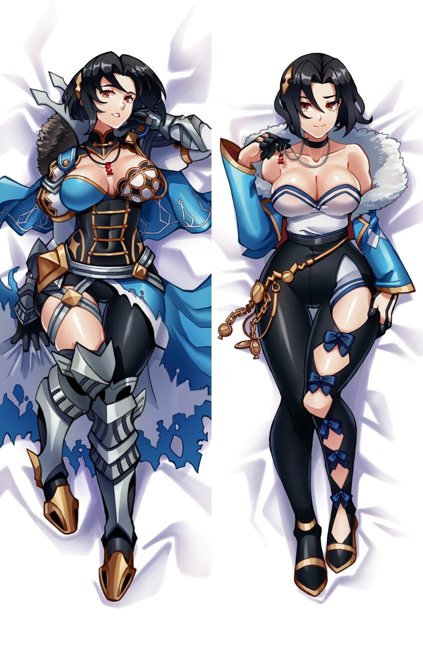 1girl absurdres armor armored_boots black_hair black_pants blue_jacket boots breasts cleavage closed_mouth clothing_cutout collarbone covered_navel dakimakura_(medium) fire_emblem fire_emblem_engage fur-trimmed_jacket fur_trim gauntlets hair_ornament hakuramen highres jacket jewelry large_breasts looking_at_viewer lying necklace nel_(fire_emblem) nintendo off_shoulder pants red_eyes short_hair smile solo thighs white_background