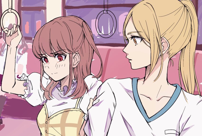 2girls abicomiyushi blonde_hair breasts brown_hair collar collarbone commentary_request dress eripiyo frilled_collar frilled_sleeves frills gym_shirt hand_grip highres holding_another&#039;s_arm holding_hand_grip ichii_maina medium_breasts medium_hair multiple_girls one_side_up oshi_ga_budoukan_itte_kuretara_shinu plaid_clothes plaid_dress ponytail puffy_short_sleeves puffy_sleeves red_eyes shirt short_sleeves sidelocks surprised train_interior v-shaped_eyebrows white_shirt yellow_dress