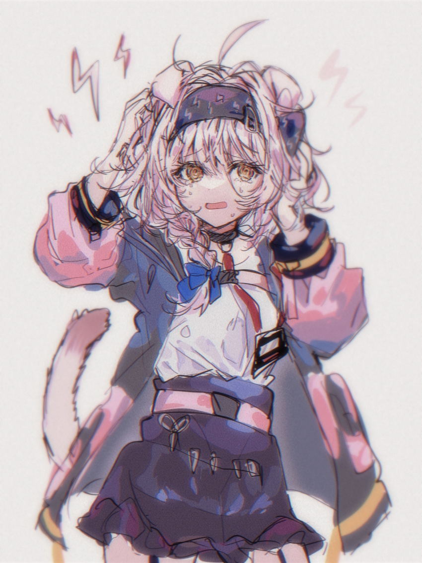 1girl 414_(hncx3355) absurdres ahoge animal_ears arknights arms_up belt black_hairband black_skirt blue_bow bow braid cat_ears cat_girl cat_tail chinese_commentary commentary_request cowboy_shot garter_straps goldenglow_(arknights) hair_bow hairband hands_in_hair highres jacket lightning_bolt_print lightning_bolt_symbol long_hair long_sleeves messy_hair object_in_pocket open_clothes open_jacket pink_hair pink_jacket pocket scissors shirt side_braid simple_background skirt solo tail white_background white_shirt