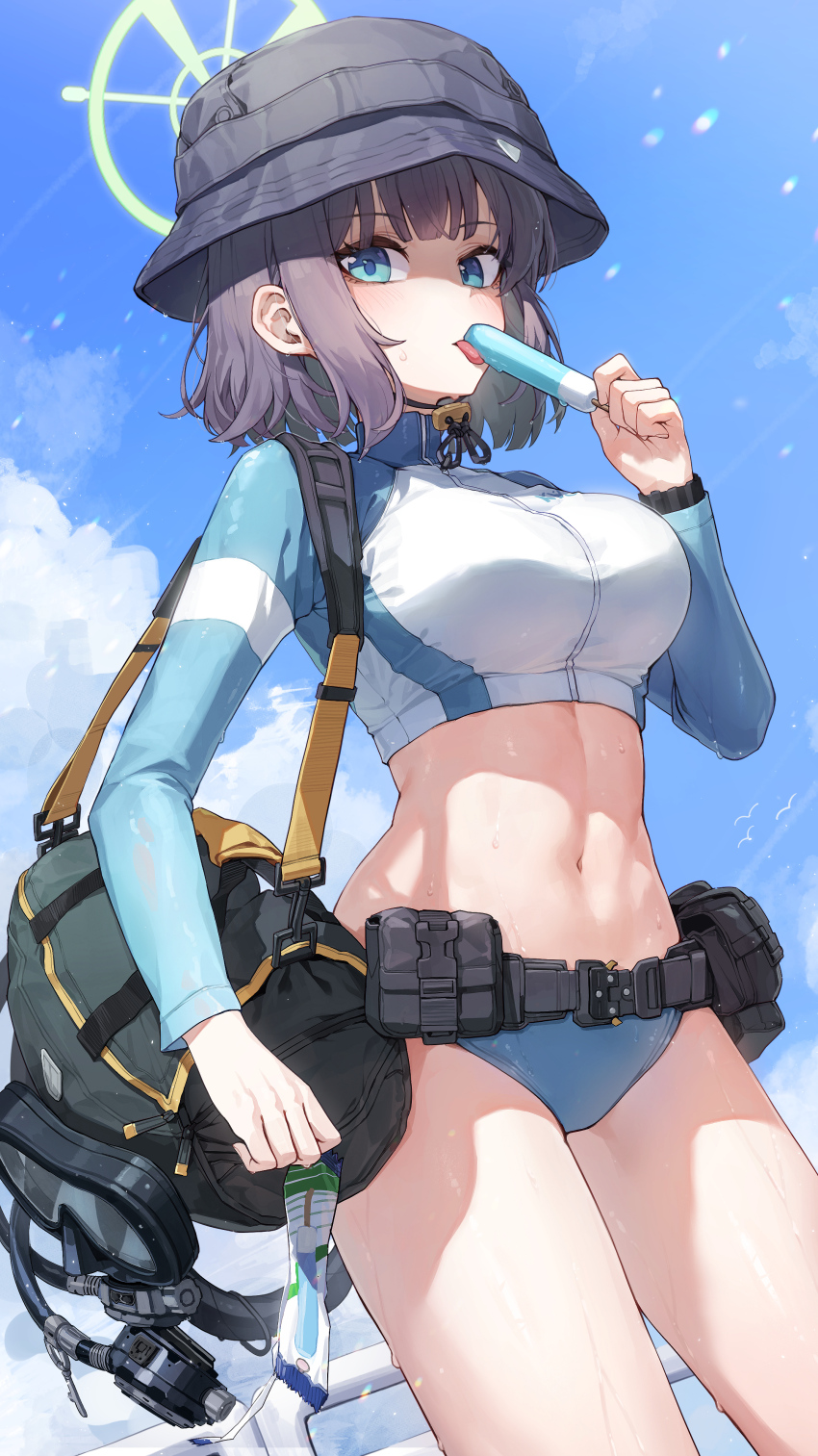 1girl absurdres bag belt bikini bikini_bottom_only black_hair blue_archive blue_bikini blue_eyes blue_sky blush breasts bucket_hat cloud cowboy_shot crop_top day diving_mask food goggles halo hat highres holding holding_food jacket kokukyukeo large_breasts long_sleeves looking_at_viewer multicolored_jacket navel official_alternate_costume outdoors popsicle raglan_sleeves rash_guard saki_(blue_archive) saki_(swimsuit)_(blue_archive) short_hair sky snorkel solo stomach swimsuit thighs wet