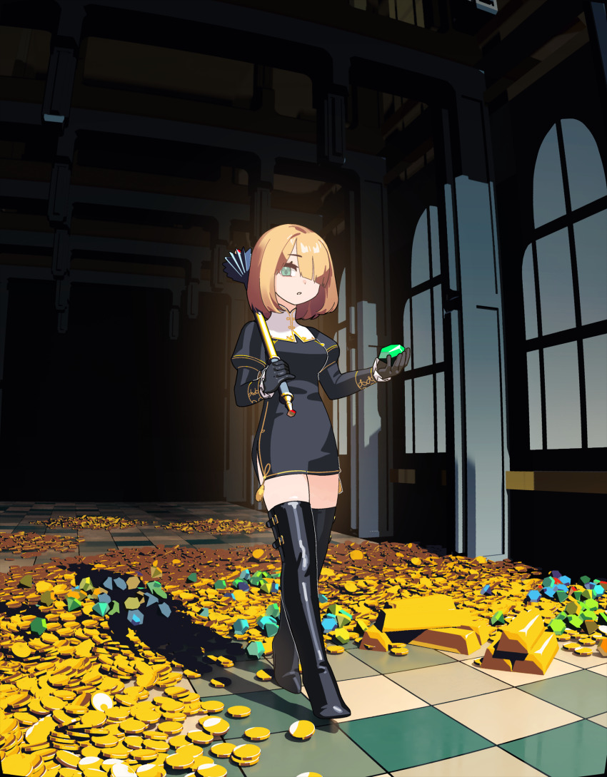 1girl black_gloves blonde_hair boots breasts chikuwa_fan973 gem gloves green_eyes green_gemstone hair_over_one_eye high_heel_boots high_heels highres holding holding_gem indoors looking_at_viewer medium_breasts original parted_lips short_hair solo standing thigh_boots