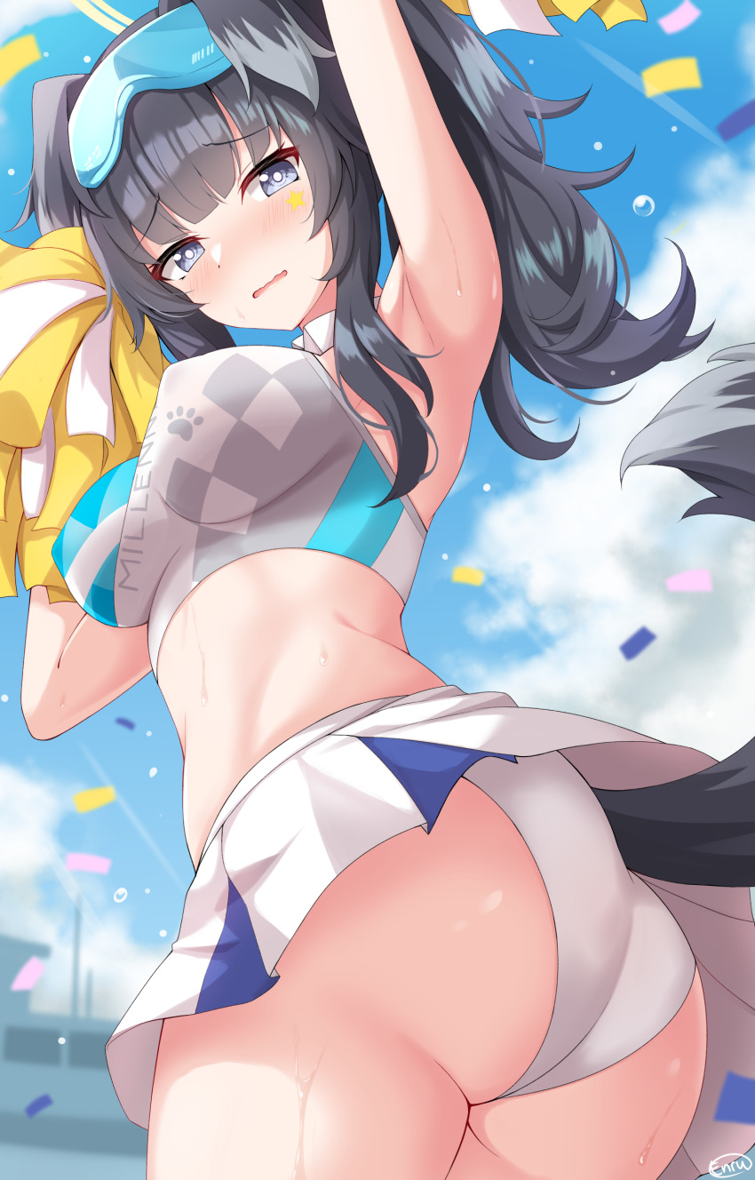 1girl absurdres arm_up armpits ass black_hair blue_archive blue_eyes blue_sky blunt_bangs cheerleader cloud confetti crop_top day embarrassed enru eye_mask hibiki_(blue_archive) hibiki_(cheer_squad)_(blue_archive) highres long_hair looking_at_viewer millennium_cheerleader_outfit_(blue_archive) open_mouth outdoors panties pantyshot pleated_skirt pom_pom_(cheerleading) sidelocks skirt sky solo standing tail thighs twintails twisted_torso underwear water_drop white_panties white_skirt