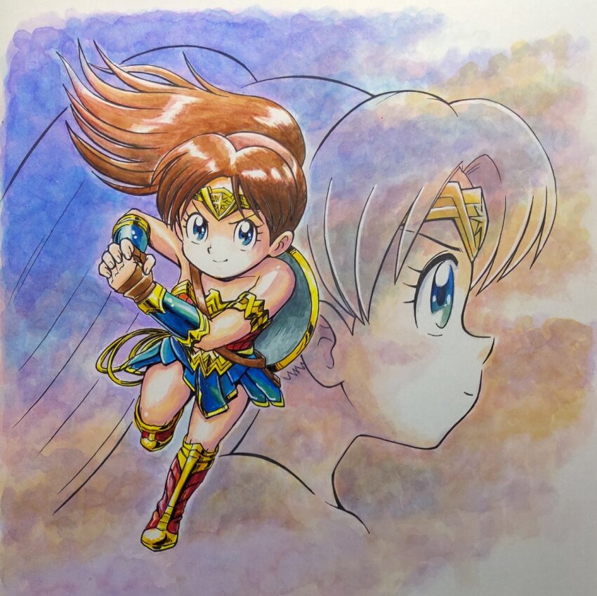 battle blue_eyes boots brown_hair child cosplay dc_comics female genji_tsuushin_agedama heike_ibuki legs official_art ponytail running skirt smile superhero_costume tenpuraken warner_bros. whip wonder_woman wonder_woman_(cosplay) wonder_woman_(series)