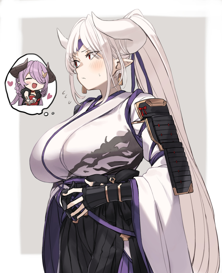 2girls :d ^_^ azusa_(granblue_fantasy) blush breasts closed_eyes closed_mouth earrings ganesagi granblue_fantasy heart highres horns huge_breasts japanese_clothes jewelry long_hair multiple_girls narmaya_(granblue_fantasy) open_mouth pointy_ears ponytail red_eyes smile speech_bubble sweatdrop thought_bubble very_long_hair white_hair
