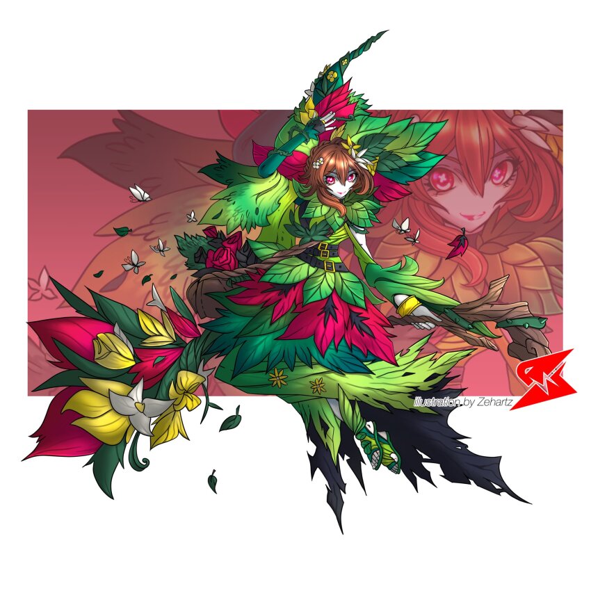 1girl belt brown_hair bug butterfly digimon digimon_(creature) flower highres insect leaf looking_at_viewer medium_hair oridigi original red_flower red_rose rose solo thorns zehartz